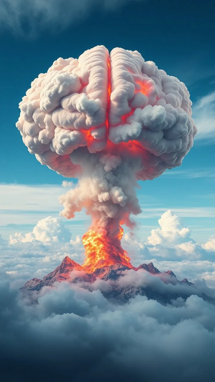 nuclear explosion cloud, the top is crossed with a human brain