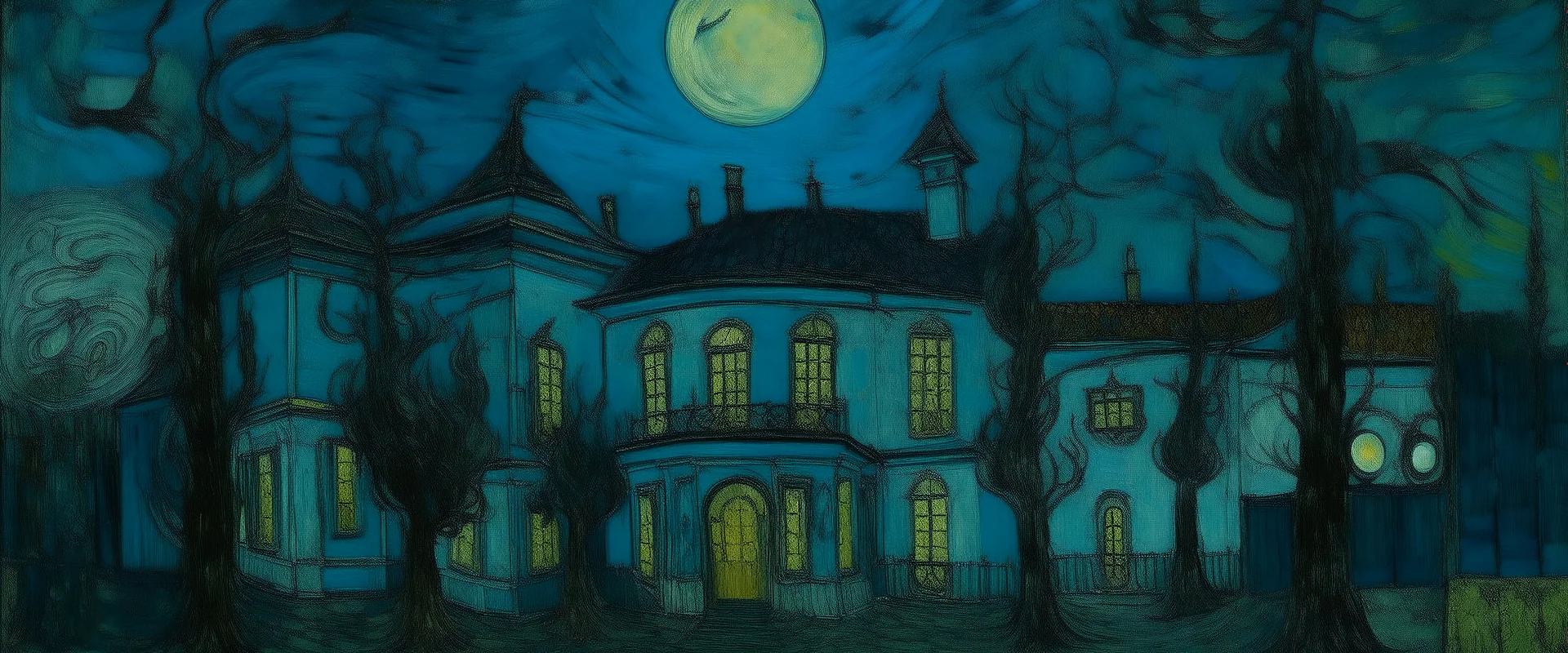 A dark bluish teal Arabian moon palace painted by Vincent van Gogh