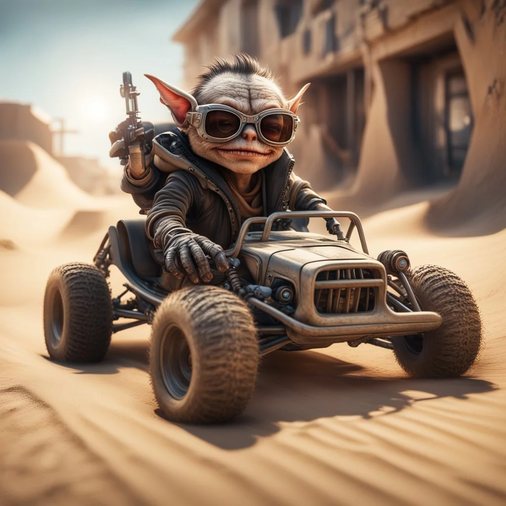 airbrush with pen outline, cool mad max pimp gremlin entering dune buggy against a wall wearing driver gloves, wearing flip down sun glasses, in the style of a fallout 4,bokeh like f/0.8, tilt-shift lens 8k, high detail, smooth render, down-light, unreal engine, prize winning