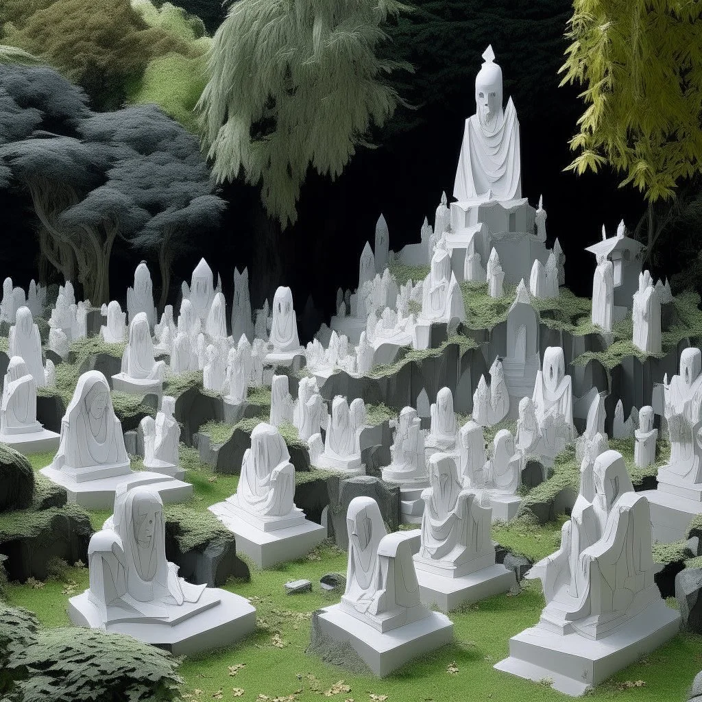 A white spongy graveyard with screaming ghosts designed in Japanese origami painted by Gustave Courbet