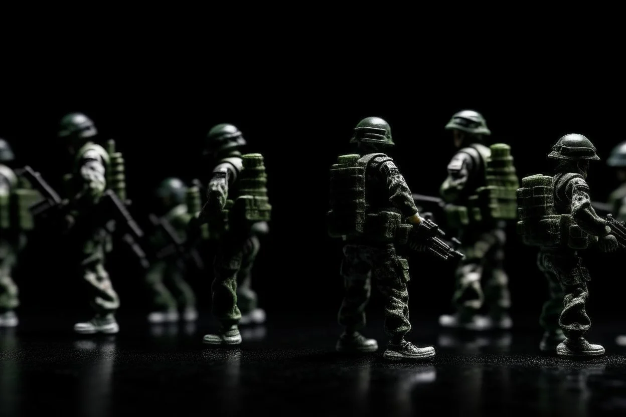 toy soldiers military operation rapocolypse looking away from camera to right corner black floor black blackground