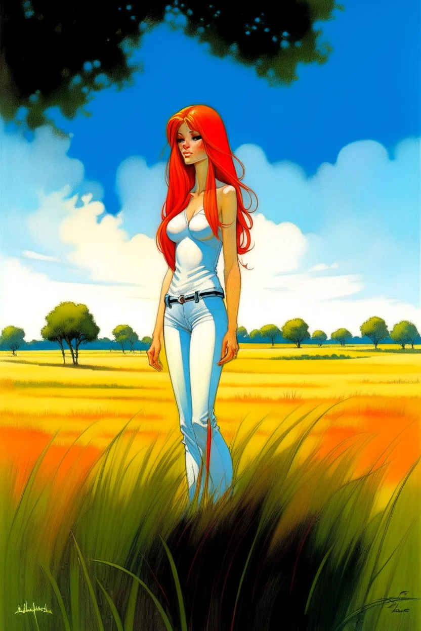 full body and headshot of a skinny young woman, with long straight red hair, standing in an open field, surrounded by trees, Frank Franzetta