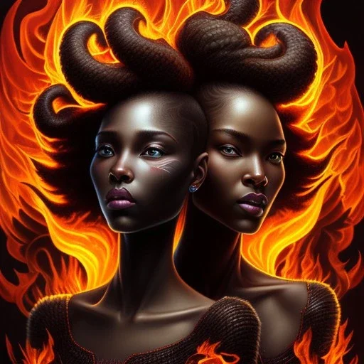 3D. Detailed Painting .realistic. Dark skin women. Beautiful. the faces of two young black women. Warm. Fire nymphs emerging from the flames.red.. Energy. Focus. THeir hair looks like smoke .smoke curling. Dreadlocs. Their skin is the colour of charcoal . Their hair moves like smoke. . their clothing is made of flames, red. Orange. Yellow. White and gold