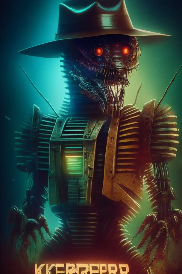 freddy kreuger as a robotic grashopper, movie poster, 8k, lightfield