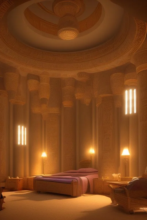 An Egyptian bedroom with arches, a big bed, cushions, rugs, lamps