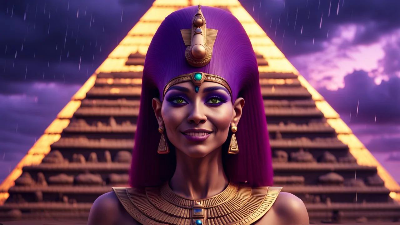 Hyper Realistic Close-Up-view of a Beautiful-Alien-Cleopatra with glowing-maroon-hair boldly-smiling standing outside her pyramid with purple-cloudy-sky at dark-rainy-night dramatic & cinematic ambiance