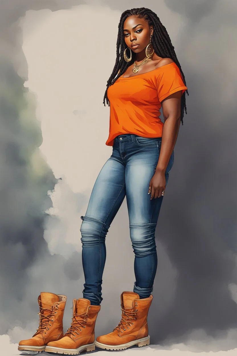 Create a watercolor image of a curvy black female wearing tight cut up jeans and a off the shoulder orange tshirt with timberland boots. Prominent make up with hazel eyes. Highly detail dread locs