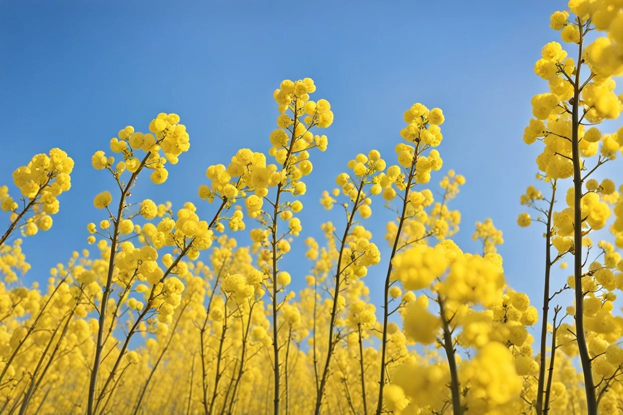 clear blue sky for top half, across Middle is canola flowers with green canola stems branches and leaves below, rapeseed sharp focus, realistic