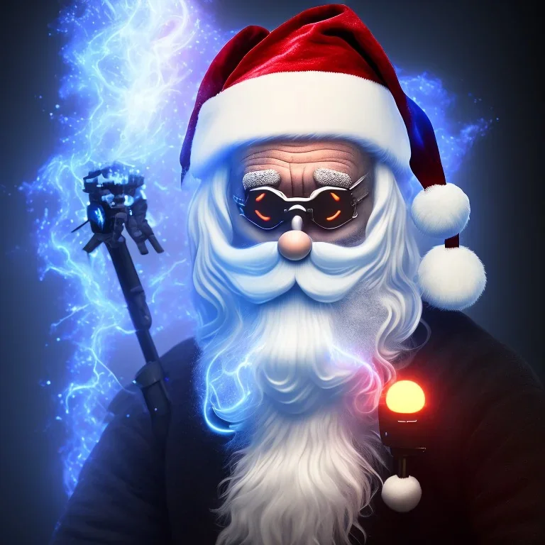 All Black Santa, ghost, wearing high tech mask, white smoke, dark, rage, high definition, ultra 8 k, volumetric lighting, blue fire,