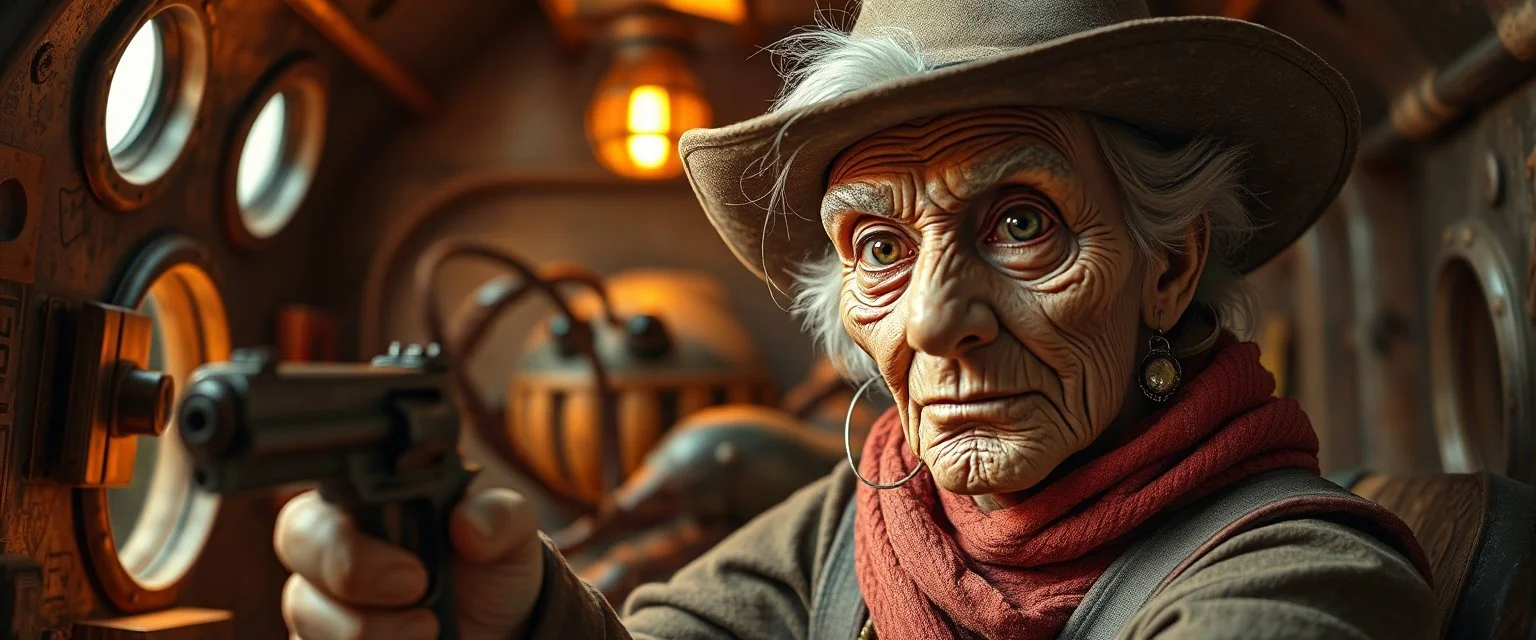 gritty air brush 3d with pen outline,seasoned handsome gunslinger western fluffy elder woman edgy hero with slightly glowing eyes and nudged dented skin in front of glistening space tardigrade lobster dog, shallow depth of field, warm lantern, pin hole cam in doll house space ship, bottom floor board edge border