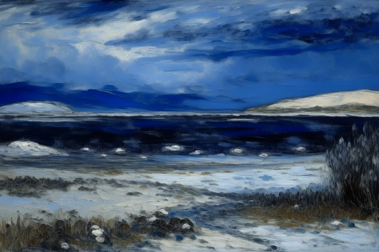 A dark blue tundra with falling snowflakes from clouds painted by Claude Monet