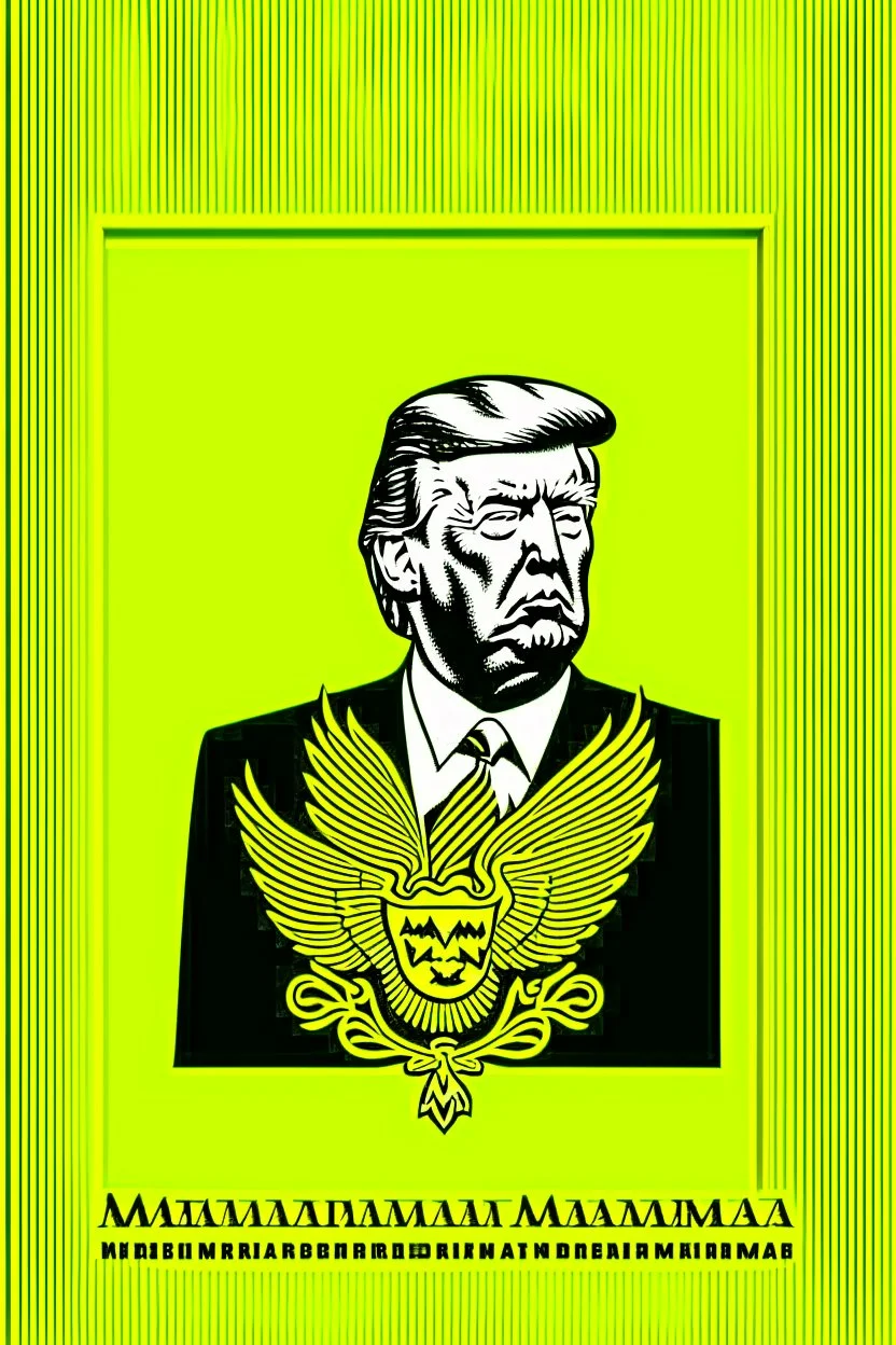 president donald trump in style of shepard fairy obama poster style gold colour stencil with american flag with letters M A G A