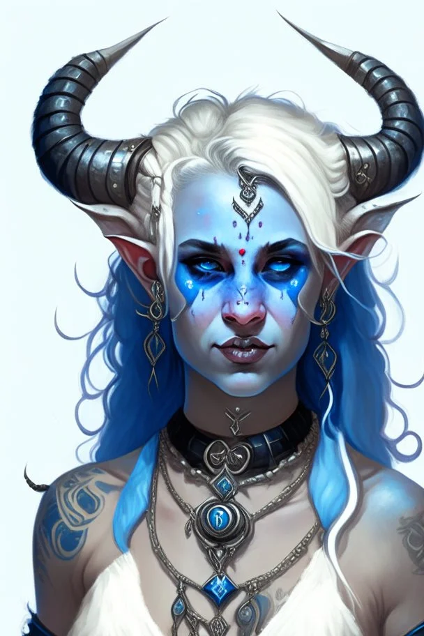 A young tiefling woman with a set of ram horns on her head encrusted with jewels, White-Blonde, medium length hair, black eyes, dressed in white and blue with lots of jewelry, beautiful, satanic tattoos on her neck, she is happy