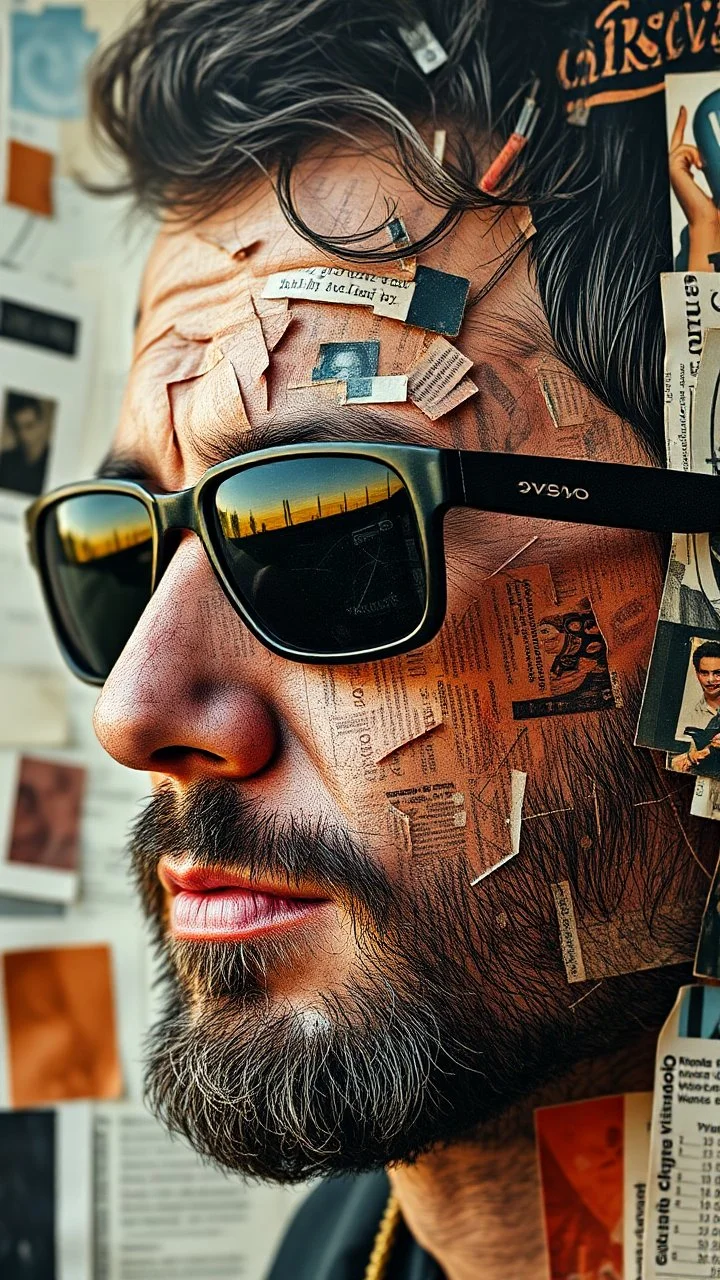 A face in details . The texture of the face is a collage of many peace’s of cur old pictures and newspapers parts sticks on the whole man face with black sunglasses in a collage style