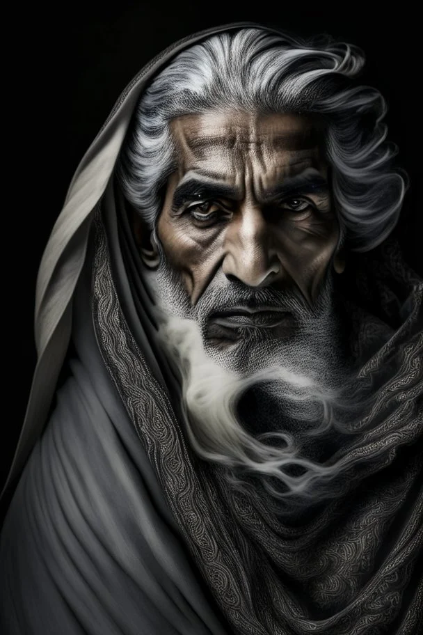 a photo of an Arabian man with ethnic jewelry, grey hair and grey flowing robe, in style of Annie Leibovitz, contemporary portrait of a mature yet beautiful and modernist man, black and grey, detailed masculine face, swirling fluid smokey enigma, award-winning artwork