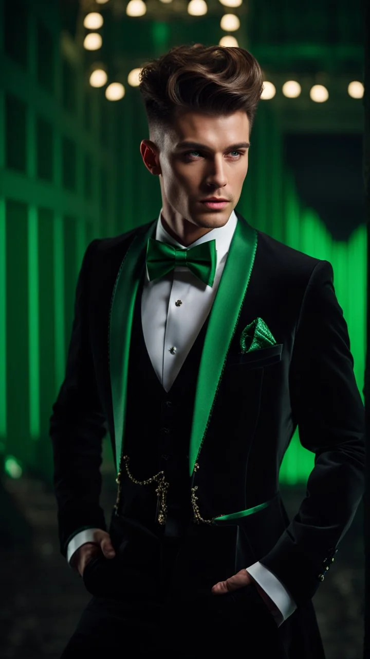 Handsome male model aged 20 hair cut short at the sides and longer on top wearing a tuxedo with a green cumberband and bow tie. Hyperrealistic 4k dark fantasy