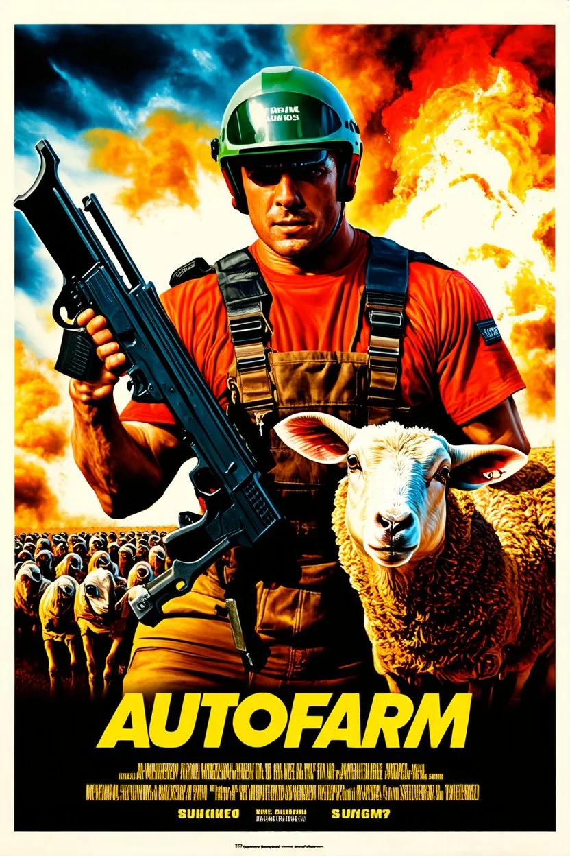 "Design a 90s-style action movie poster titled 'AUTOfarm.' Feature a heroic mechanic in the foreground, fiercely battling thousands of adversaries with a spanner. In the background, include a determined sheep wielding a machine gun. Capture the high-energy, gritty aesthetic of classic 90s action films, with intense and dynamic elements. Prominently display the subtitle 'BMI - BMI Suckin-p-p' in bold, impactful lettering."