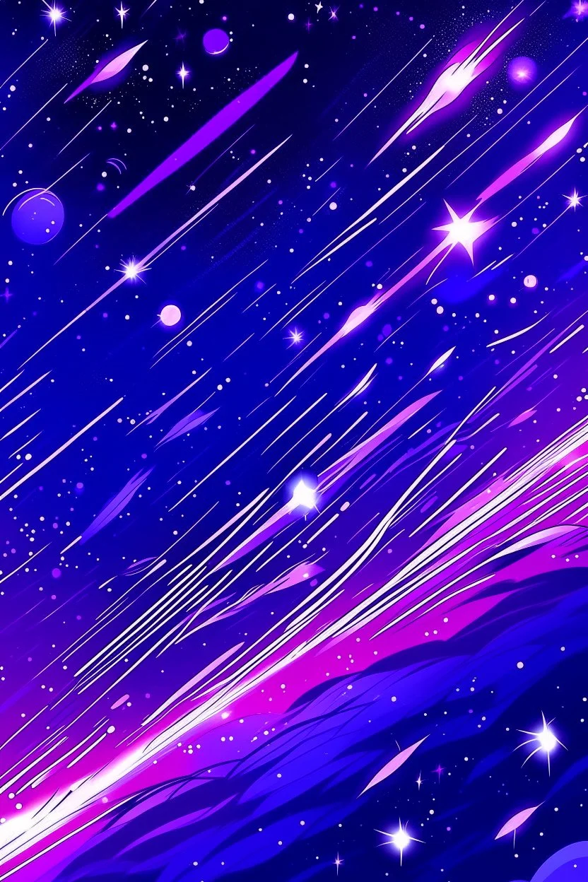 A violet outer space with shooting stars in purism art style