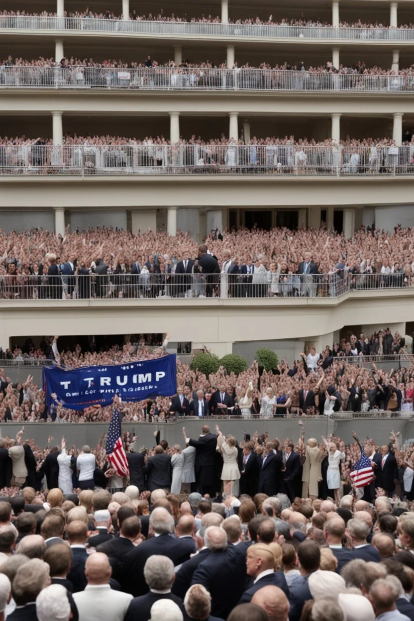 donald trump standing on a balcony with hundreds of people below kneeling