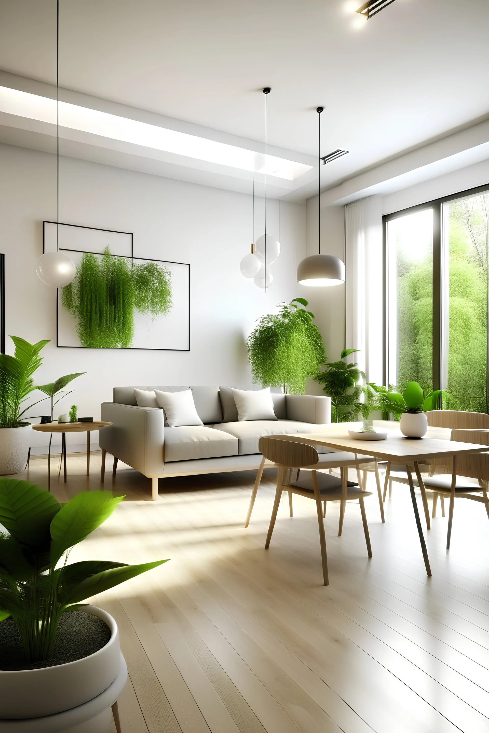 Generate a modern living room and dinning room, with plants, windows and space