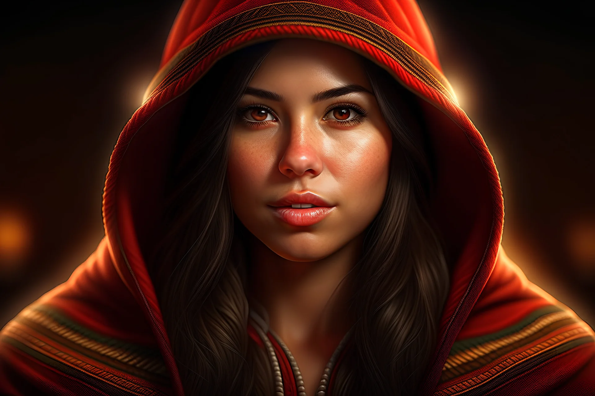 Digital art, high quality, digital masterpiece, natural illumination, spotlight, realistic, film style, beautiful, (upper body:2), (1 Peruvian young woman wearing a peruvian poncho and a fedora:2.5), (Brown hair, braided:1.8), (beautiful face:1.8), cute, (Red Peruvian poncho with Peruvian patterns:1.5), (Dark fedora:1.5), (Peruvian valley at background:3)