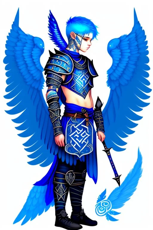 a person in runic armor with blue wings, blue short hair, runic tattoo and spell book