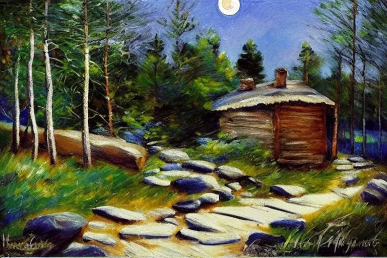 Night, moon, cabin, rocks, pathway, trees, grass, lesser ury impressionism painting