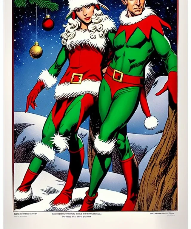 two elves. woman and man. Christmas scene. poster. marvel comic. low-key