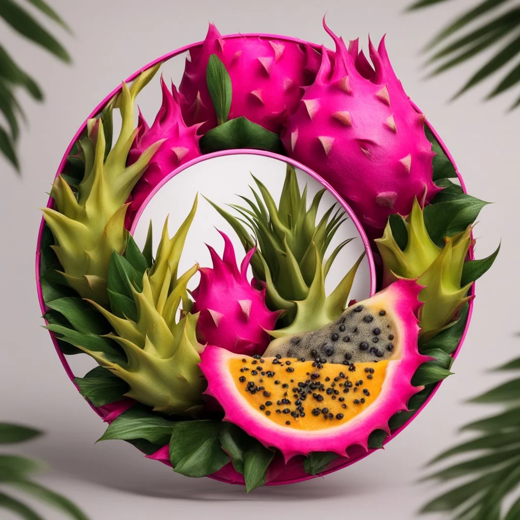 Round picture frame in the colors of dragon fruit on a light background to remove