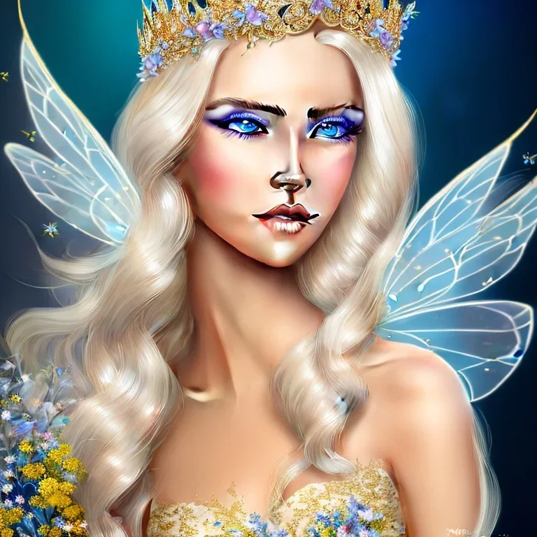 fantasy fairy with transparent wings, smiling, make up, long platinum blond hair with crown and flowers, blue eyes, gold dress