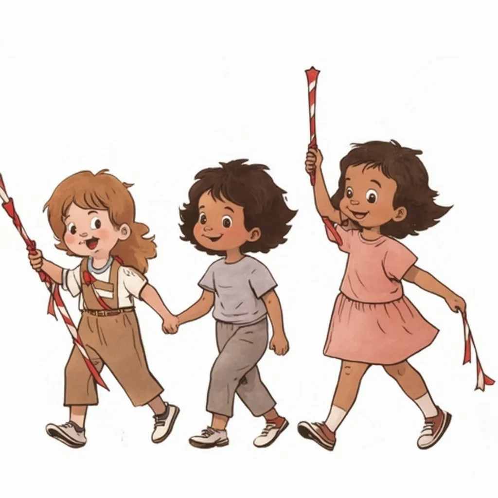 children joyfully walking. Left most child is carrying a parade leader's staff wrapped in ribbon. Right most child is holding batons. improve quality but maintain style.