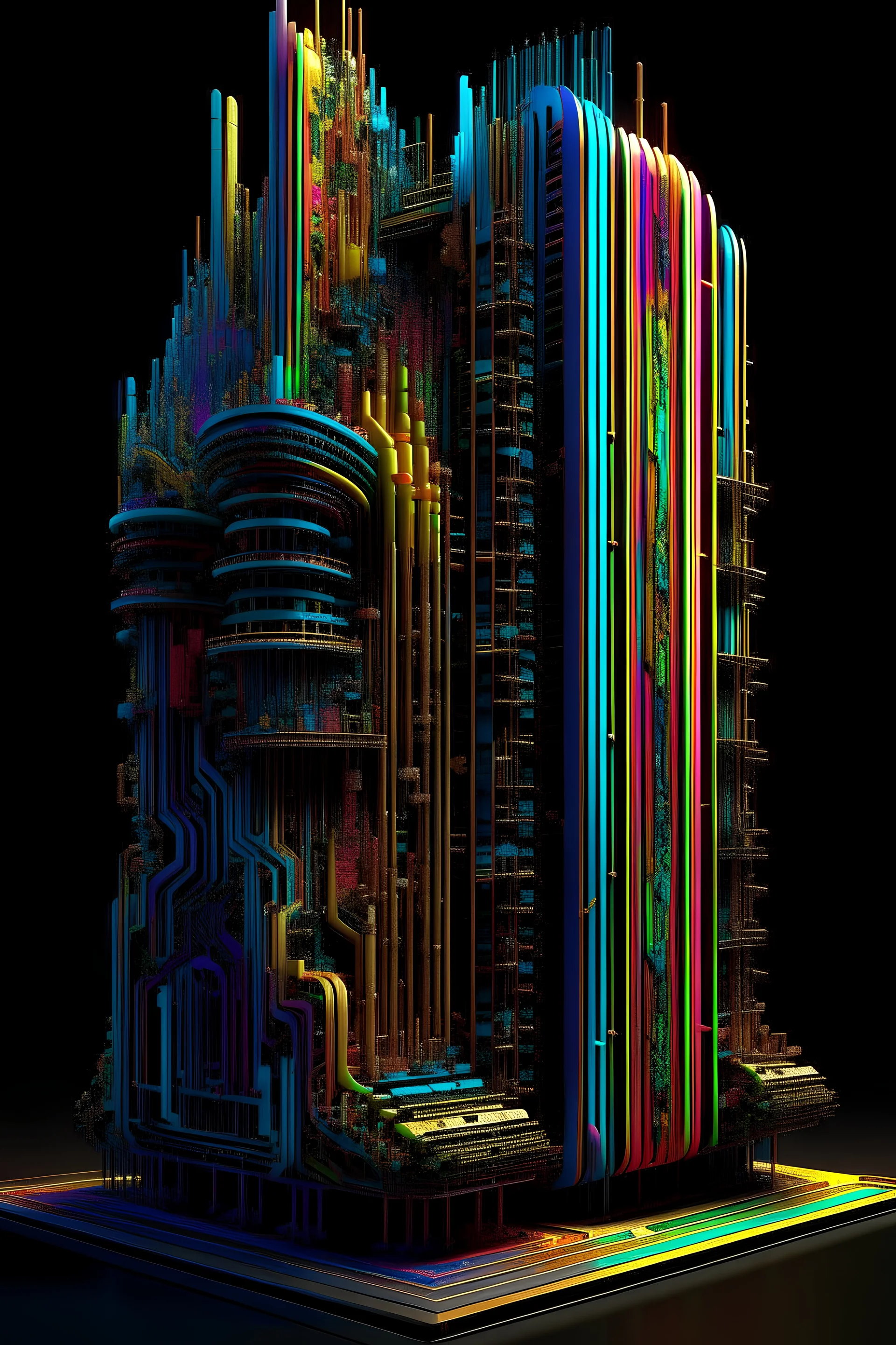 a multicolored computer tower on a black background, an abstract sculpture, polycount contest winner, generative art, 1 6 6 7. mandelbulb 3 d, 8 k vertical wallpaper, cellular automata, multi-layered artworks, totem 2, 1 2 - bit, hyperrealistic symmetrical 8k, generative designpostprocessed