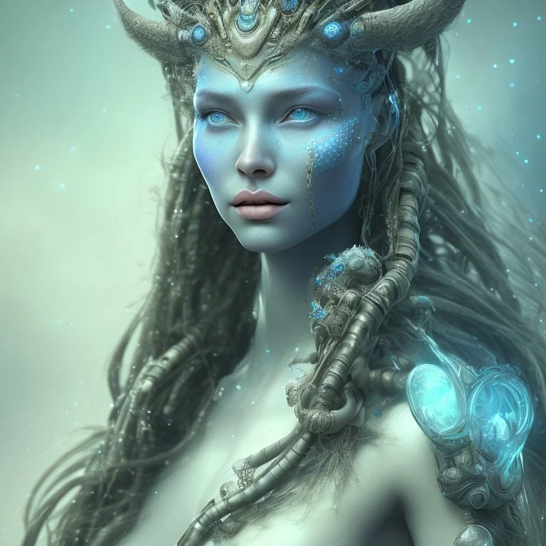 portrait of beautiful blue na'vi queen, volumetric lighting, particals, intricate detail,realistic, close up