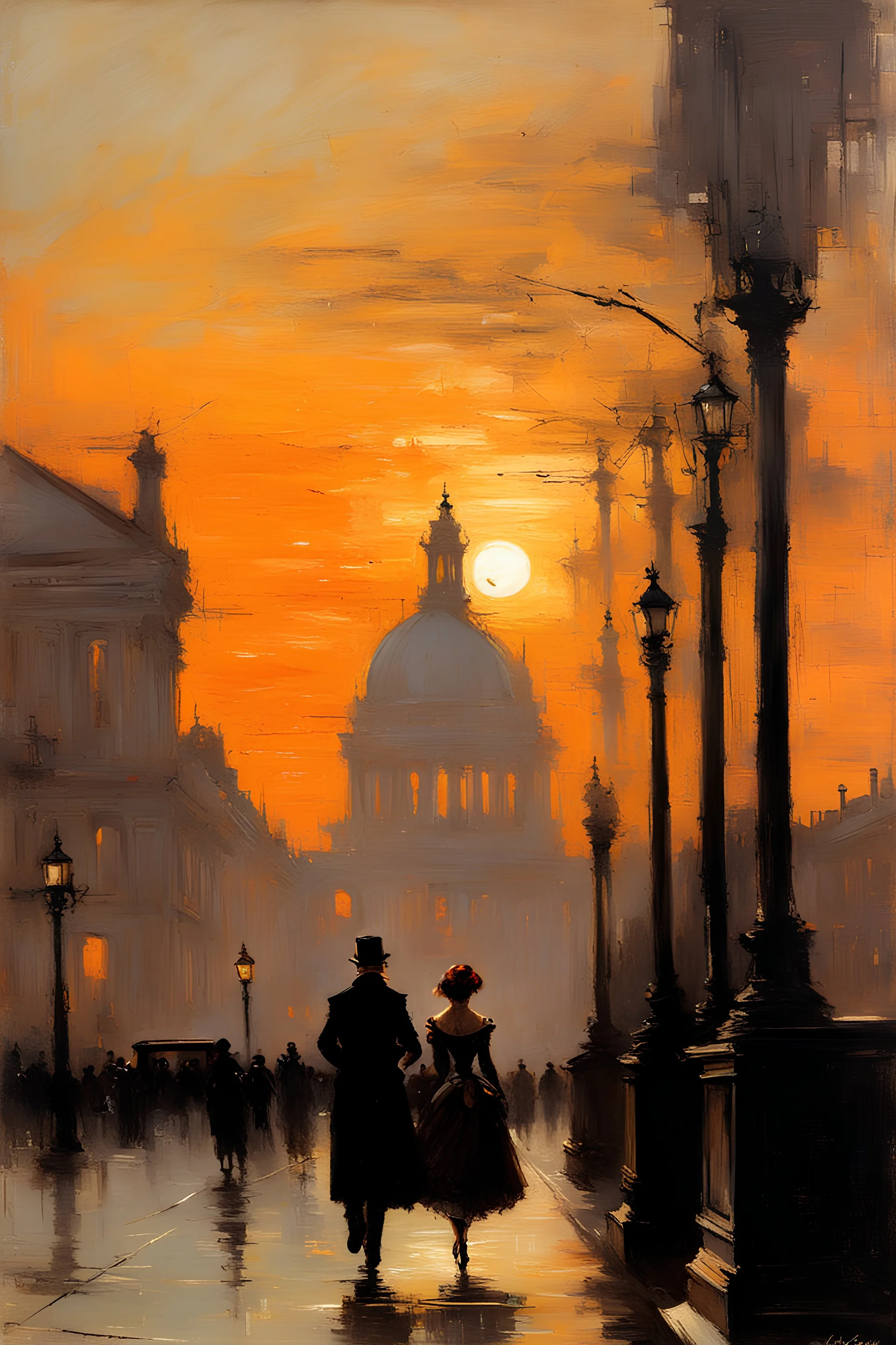 Sunset, city, cyberpunk influence, alfred stevens impressionism painting