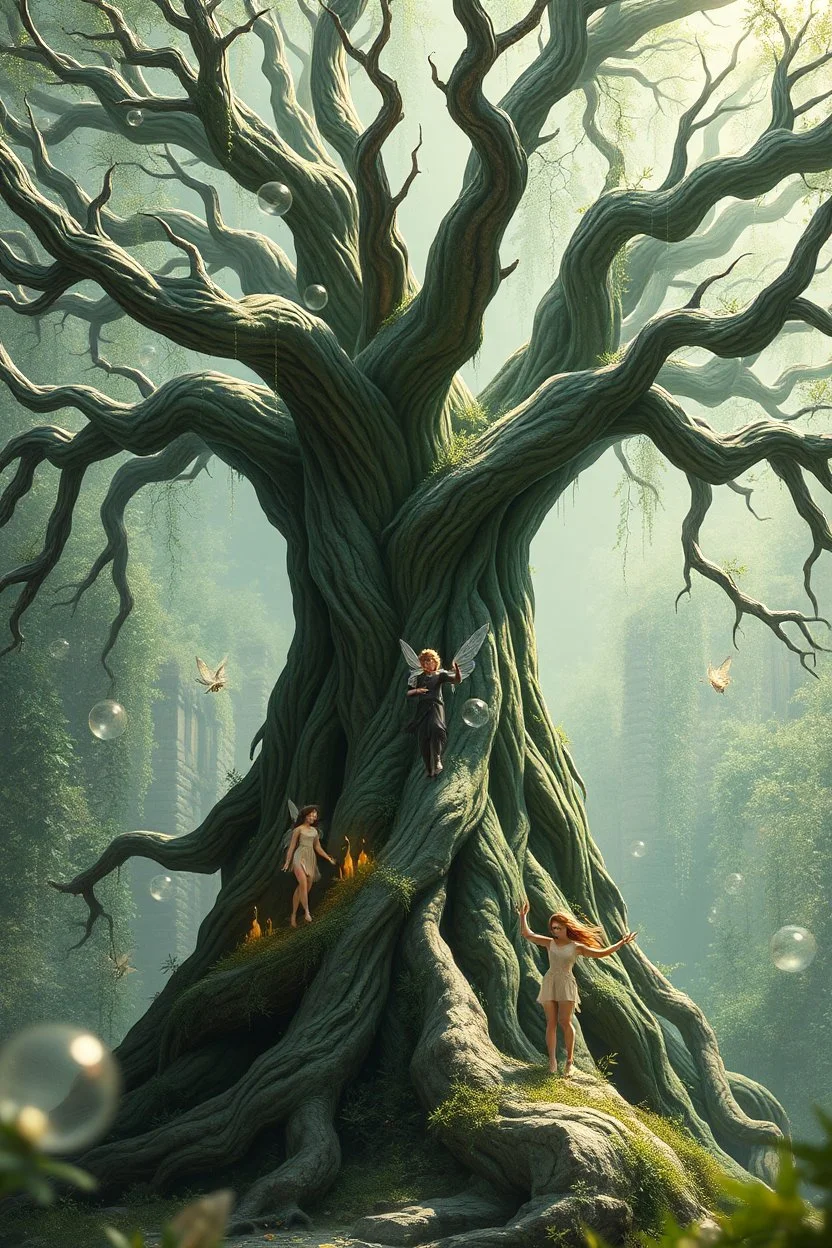 story book stunning fantasy picture of ancient Tree Ent, little Fairies around floating, shiny bubbles, nice european pale colors fairies, detalied, masterpiece,random background , epic, fantasy style, movie characters, fantasy atmosphere