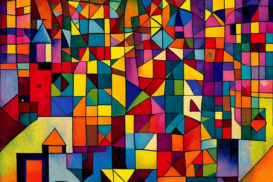 Capture the essence of a Paul Klee painting where vibrant geometric shapes seem to dance across the canvas, their bold colors and intricate patterns intertwining to create a sense of joyful chaos and harmonious energy