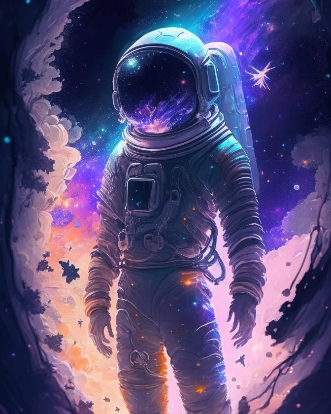 An astronaut lost in the galaxy whose soul is pulled from his body by the god of the galaxy in exchange for seeing his love one last time, digital art, anime, 4k, high resolution. full detail.cartoon