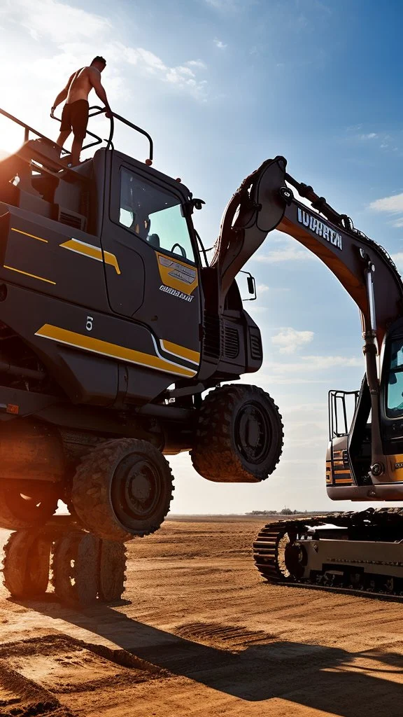 close up photography of a 50-year-old Italian man , burly chubby sweat, maneuvers a large excavator in the sun, shirtless and white boxer, big legs, big belly, goatee, ambient occlusion, frontal view, 4k,