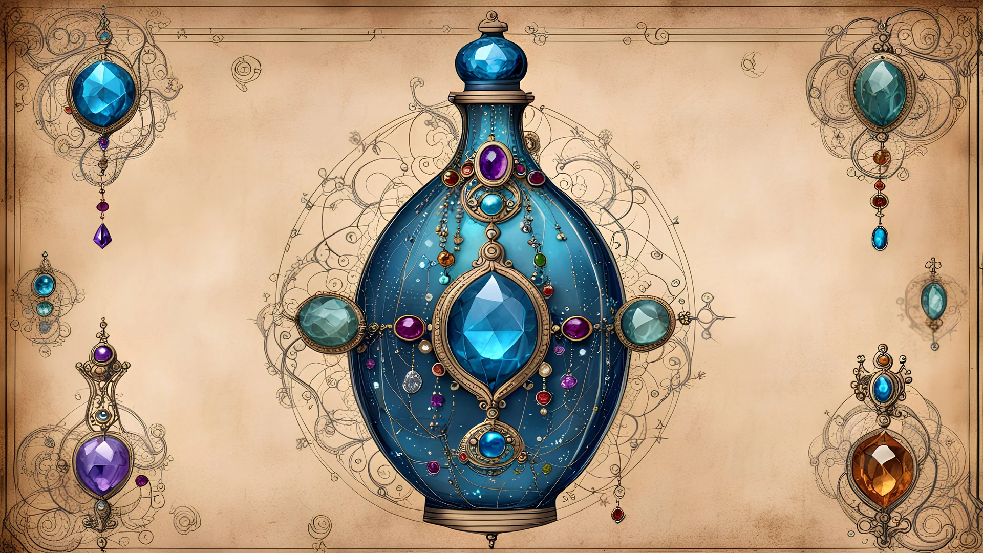 a ((detailed_blueprint_schematic_of_antique_((jeweled))_victorian_genie_bottle_with_gemstones_drawn_on_jeweled_weathered_parchment_bold_lines_loose_lines)), victorian fantasy schematic background, overhead view, deep rich colors, (shiny glass jewels), ultra quality, ultra-detailed, 16k resolution, trending on Artstation, gorgeous and elegant, unique