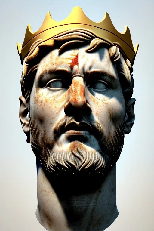 Ultra Realistic image, Roman sculpture, white marble material, Lionel Messi, gold Laurel leaves wreath, god crown, renaissance ornaments, one gold star in heart, sun ornament, sun rays background, chisel style, waist up portrait, emperor style, epic, celestial, cinematic lighting, God light, god rays, 4k resolution, smooth details, ornate details, soft lighting, unreal engine 5, art station, substance 3d.