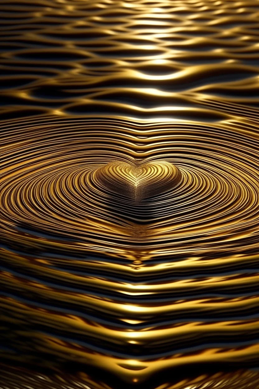 high quality, 8K Ultra HD, ultra-realistic, In the gentle embrace of the tranquil waters, behold a mesmerizing spectacle - the ripples dancing in perfect harmony, converging into the shape of a heart. Each droplet, like a painter's brushstroke, contributes to this exquisite masterpiece of nature's artistry. The heart-shaped pattern shimmers with a mesmerizing radiance, reflecting the sun's golden hues and the azure of the sky above, As the waves gently caress the shore, the heart's form remains