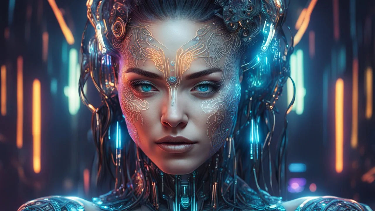 A strikingly stunning woman in the Cyberpunk era, her features rendered in high-resolution detail that can be seen in 4K quality. This portrait captures her cybernetic enhancements with intricate metallic filigree seamlessly integrated into her skin, glowing neon circuitry tracing delicate patterns along her face and arms. The digital painting is vibrant and futuristic, emphasizing the contrast between her fragile human form and advanced technological enhancements. The attention to detail and co