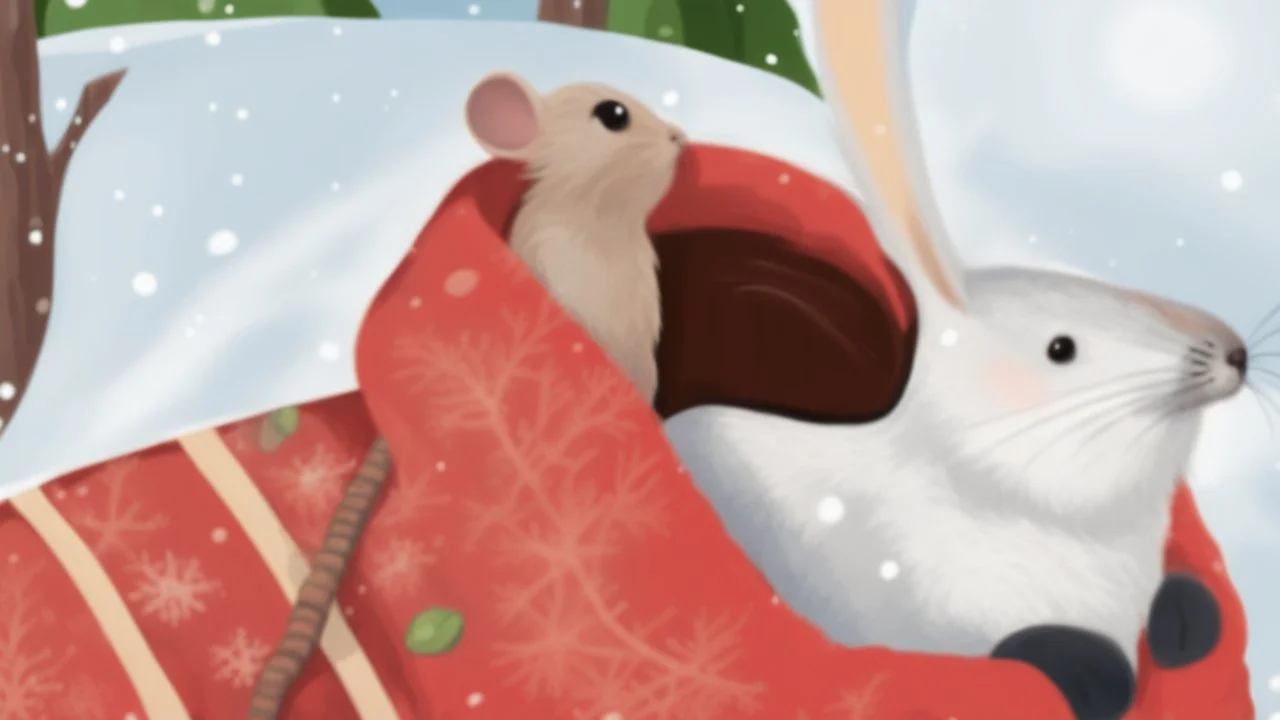 fantasy cartoon style illustration: A tiny mouse is sitting in a handglove on snow