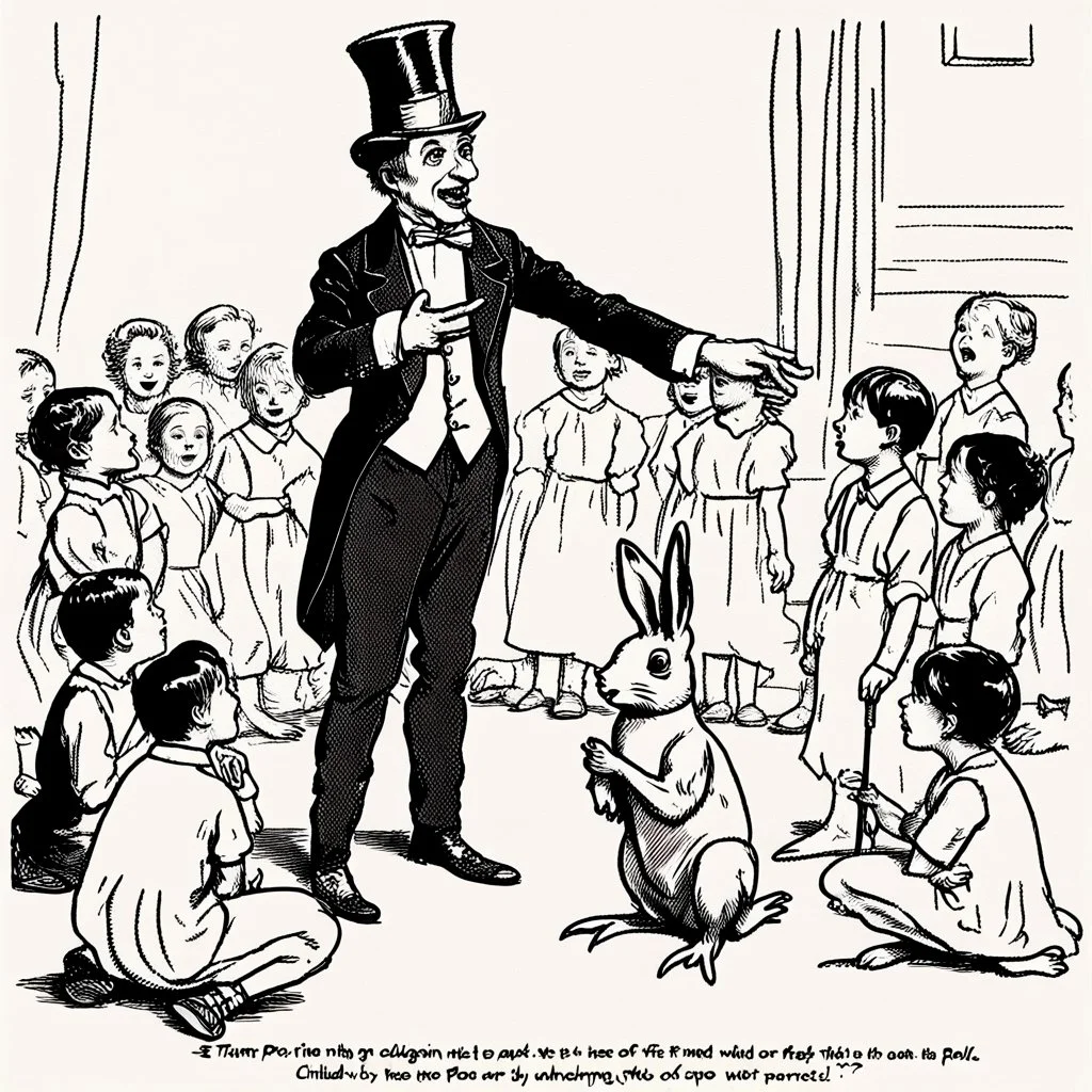 A magician stands in front of a group of children who sit in front of him on a mat on the floor and pulls out a rabbit from a top hat, the children look open-mouthed and wide-eyed and clap their hands, in the background a parrot stands on a pole and observes what is happening