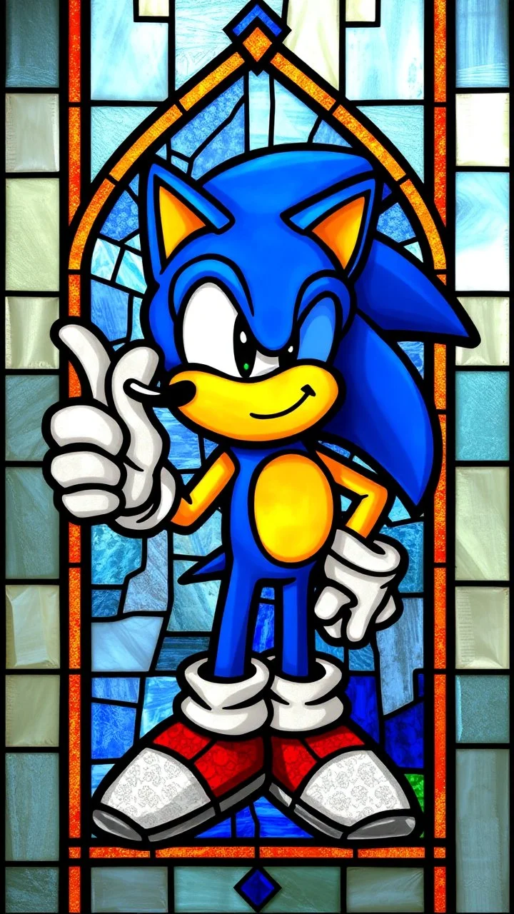 stained glass window featuring a glass mosaic Sonic the Hedgehog giving a thumbs up, hyperreal stained glass window