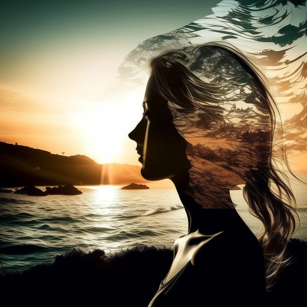 high quality, 8K Ultra HD, A beautiful double exposure that combines an goddess silhouette with sunset coast, sunset coast should serve as the underlying backdrop, with its details incorporated into the goddess , crisp lines, The background is monochrome, sharp focus, double exposure, by yukisakura, awesome full color,