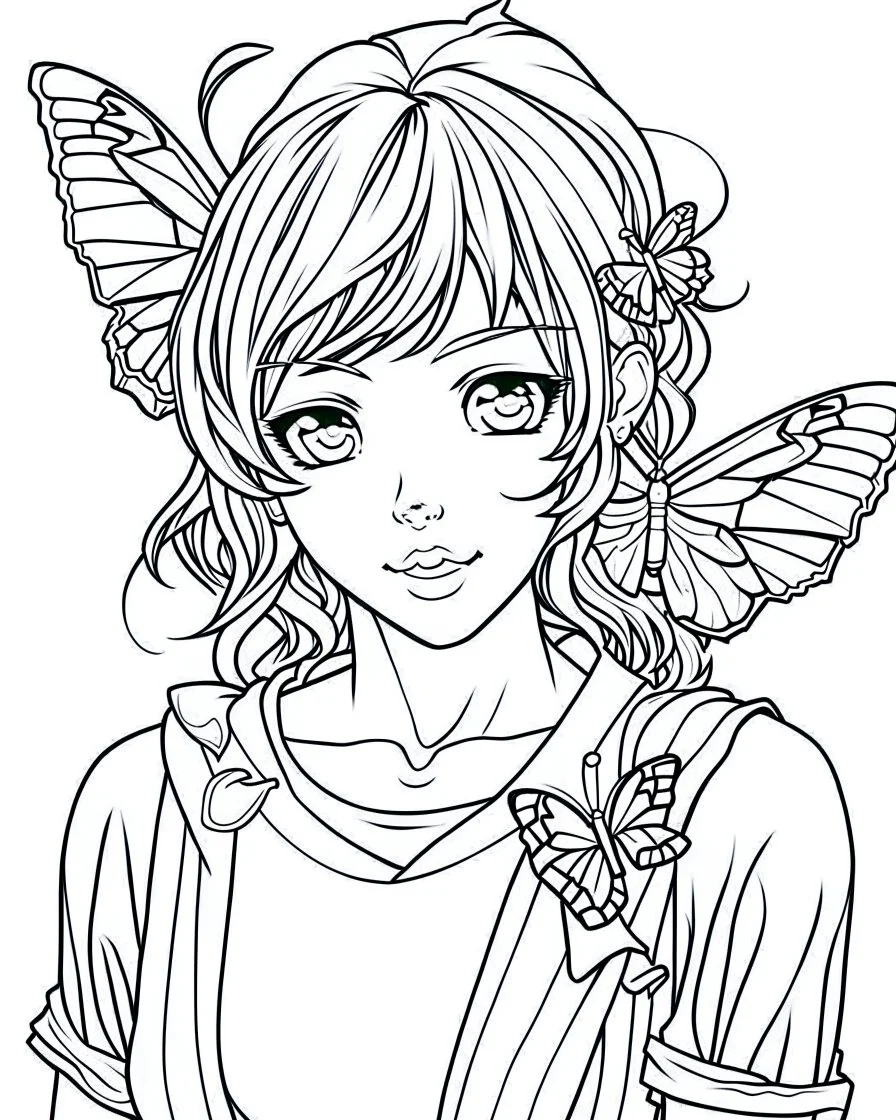 outline art for butterfly coloring page, Japanese manga style, cartoon style, cute face, white background sketch style, full body is a must, only use outline, clean line art, no shadow, bold outline