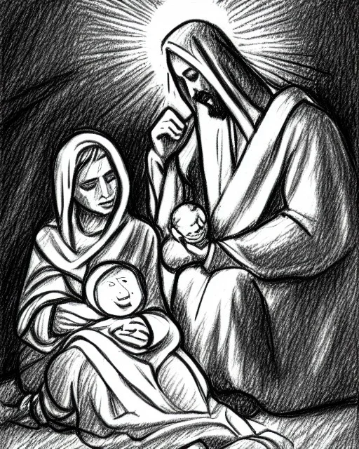 Mary Joseph jesus pencil sketch nativity