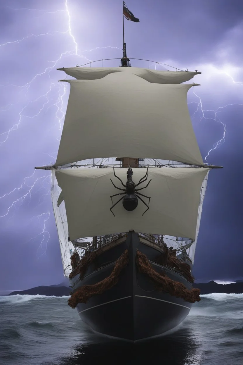 Ship front view with a Spider figurehead at night in a storm with giant waves