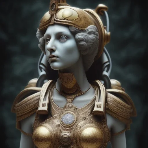 a greek marmor statue of athena, steam punk, scary, horror, realistic, made in octane, cinematic, movie, CGI, ultra-realistic, extremely detailed octane rendering, 8K, VRAY Super Real ar 2:3, dof photorealistic futuristic 50mm lens hard lighting dark gray tintype photograph, realistic lighting, sephia colors